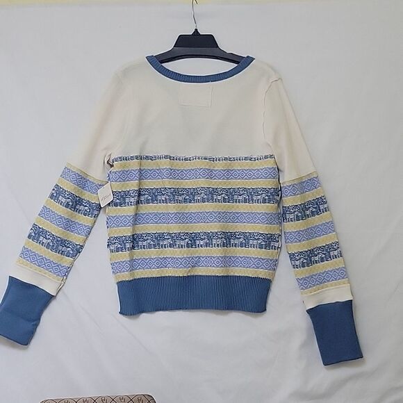 NEW XL FREE PEOPLE BLUE YELLOW CREAM NORDIC BUTTON SWEATER Apres Ski NWT - Picture 8 of 14